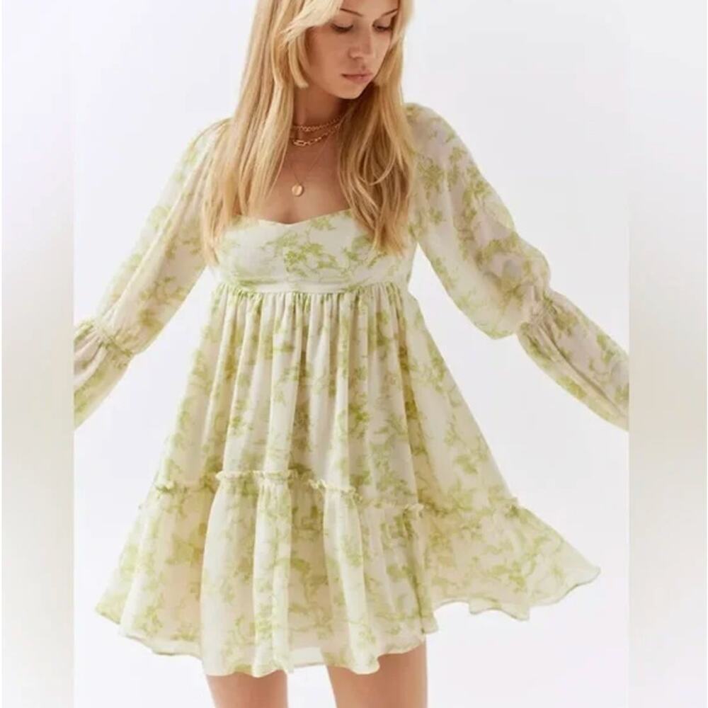 Urban Outfitters Floral Long Sleeve Mini Dress Tie Back Size Small
